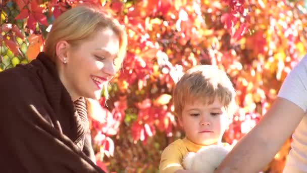 Happy Autumn familj. Familje föräldraskap och folk Concept-lycklig mor far och Lille pojke i höst parken. Lycklig familj med manliga barn. — Stockvideo