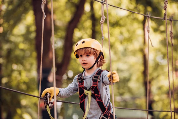 Carefree childhood. Beautiful little child climbing and having fun in adventure Park. Kid climbing trees in park. Roping park. Carefree childhood