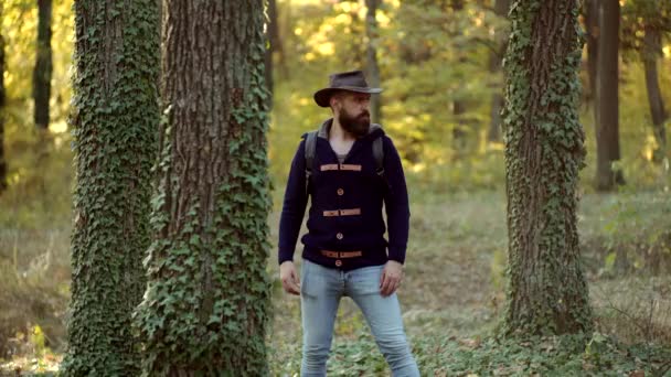 Knappe man op herfst herfst natuur achtergrond. Avontuurlijke klimmen. Hallo herfst. Herfst man in bos. Klimmer man op boom. Herfst man in bos. Avontuurlijke klimmen. — Stockvideo