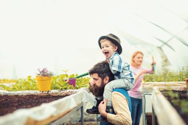 Yan görünümü serada çiçek dikim fedora şapkalı çocuk. Acımasız adam uzun sakal ve bıyık holding sevimli çocuk onun omuzlarında. Mutlu çocukluk kavramı