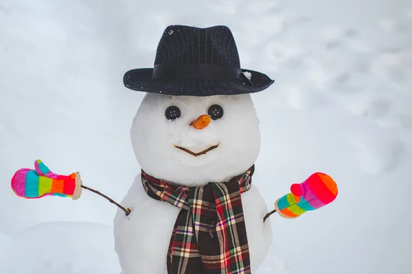 有趣的雪人，用胡萝卜代替鼻子，戴着温暖的针织帽子，躺在雪地的草地上，雪地的背景模糊不清。室外雪地里的人造雪人. — 图库照片