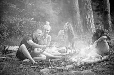 Erkek ve kız arkadaşlar kamp yemek keyfini çıkarın. Arkadaşlar ormandaki şenlik ateşinde piknik yapar. Erkekler ve kadınlar sosisleri ateşe verler. İnsanlar yaz doğasında rahatlar. Tatilde kamp ve yemek pişirme