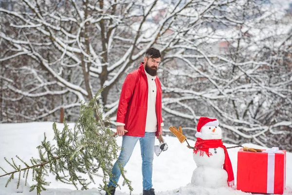 L'homme barbu avec bonhomme de neige porte un sapin de Noël dans le bois. Un beau jeune homme avec un bonhomme de neige porte un sapin de Noël. Joyeux Noël et bonne année carte de voeux. Bonhomme de neige avec cadeau . — Photo