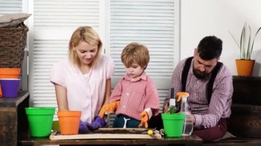 Aile bir tencerede çiçek oturur. Yaz ve hobiler, aile birlikte çiçek yetişir. Güzellik ve doğa. Tüm aile için hobi ev, çocuklarla eğlence, gelişim ve eğitim. Çiçek zemini
