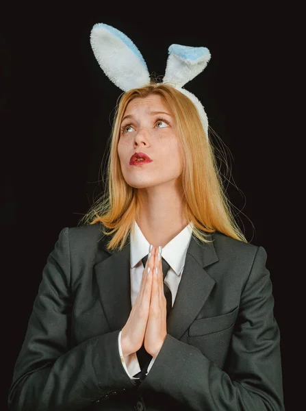 Sweet lovely attractive adorable charming cheerful positive girl in bunny ears celebrating Easter. Happy easter. Sexy woman wearing a black Easter Bunny. — Stock Photo, Image