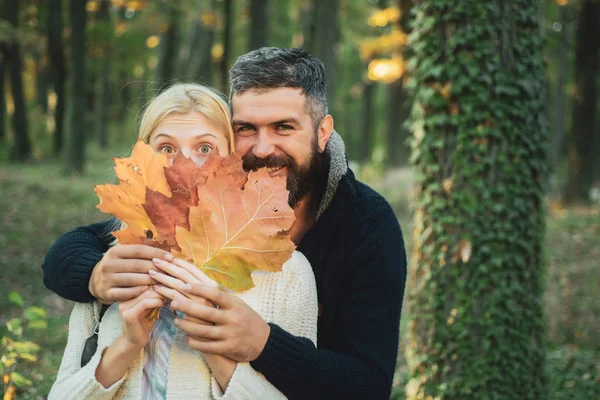 Höst utomhus porträtt av vacker lycklig flicka och skäggiga man går i Park eller skog. Mode höst porträtt kvinna och man med gula lönn löv på natur bakgrund. — Stockfoto