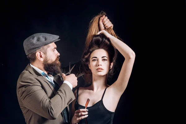 stock image Hair Studios. Beauty woman getting haircut by hairdresser at barbershop hairstudios.