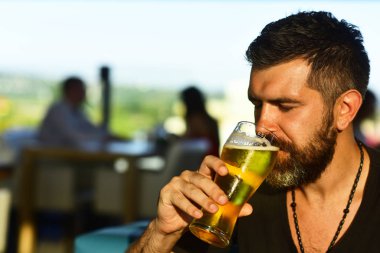 Bira içen mutlu zarif adam. Bira bardağından bira içen sakallı adam. Sakallı adam bir bardak birayla.