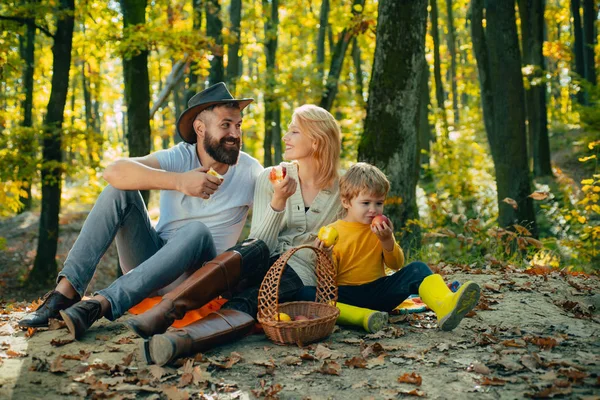 Mor far och liten son picknick. Picknick i naturen. Semester-och turist koncept. Lycklig familj med Kid Boy avkopplande medan du vandrar i skogen. Korg picknick hälsosam mat snacks frukter. Mellanmål tid — Stockfoto