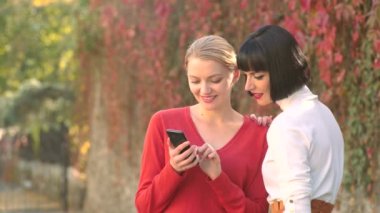 Çevrimiçi sohbet. Konuş benimle. Livechat Sohbet İletişim konsepti. Sonbahar doğada kazak güzel kızlar.