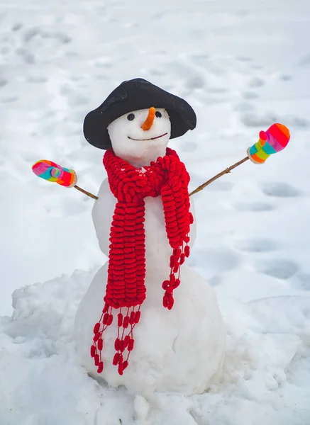 Sneeuwman op een achtergrond besneeuwde sparren takken. Sneeuwman en winter leuk maken. Leuke sneeuwpop in een besneeuwd dorp. Gelukkig sneeuwpop staan in de winter Kerstlandschap — Stockfoto