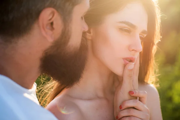 Romantic moment. Beautiful young sensual woman love affectionate man. Romantic portrait of a sensual couple in love. Sensual couple getting closer to feel each others lips. — Stock Photo, Image