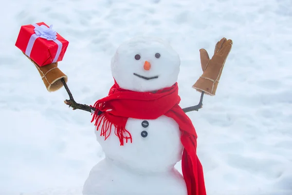 Muñeco de nieve feliz con regalo de Navidad de pie en invierno paisaje de Navidad. Muñecos de nieve - regalo presenta concepto. Regalo de muñeco de nieve. Diseño de póster de vacaciones . — Foto de Stock