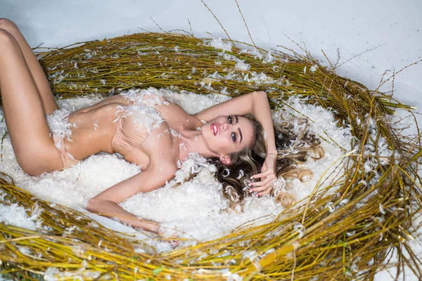 Mooie sexy en verleidelijke jonge model meisje met perfect lichaam in modieuze Lace lingerie liggend in een groot nest. Perfect lichaam, huid, spa concept. — Stockfoto