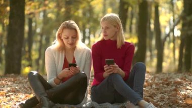 Telefon olan kızlar. Genç Blogger, blog kavramı. İki kız akıllı telefon kullanıyor. Online öğrenme, e-öğrenme kavramı. Sonbahar doğada kazak güzel kızlar. Sıcak sonbahar güneşli hava.