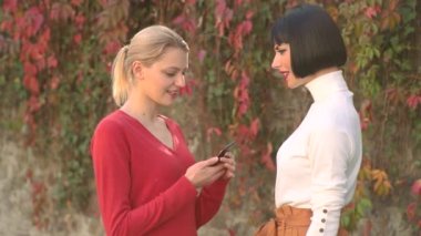 Telefon olan kızlar. İki kız akıllı telefon kullanıyor. Online sohbet. Konuş benimle. LiveChat sohbet Iletişim konsepti.