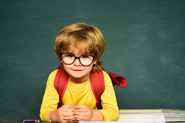 Cute little preschool kid boy in a classroom. Science education concept. Classroom. Little student boy happy with an excellent mark. Schoolboy. — Stock Photo, Image