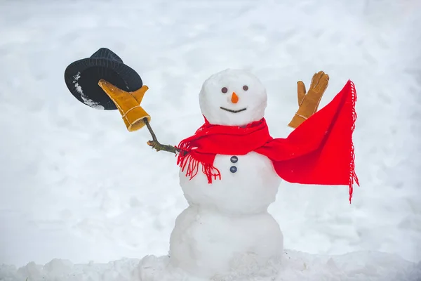 Hello winter. Christmas snowman close up with scarf. New Year greeting card. Snow men. Snowman in snow forest. Funny snowmen. Greeting snowman. Snowman wish you merry Christmas.