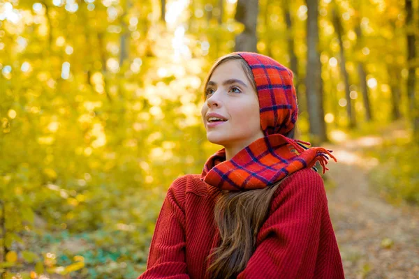 秋のメープルリーフアウトドアと完璧な女性ファッションモデル。赤いプルオーバーと秋の公園の秋の女性。自然な背景の屋外でロマンチックな若い女性. — ストック写真