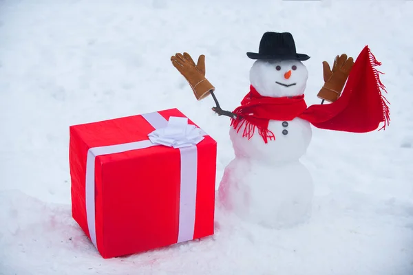 Delivery gifts. Gift emotions. Happy smiling snow man on sunny winter day. Snowman. Happy snowman standing in winter Christmas landscape. Cute little snowman outdoor.