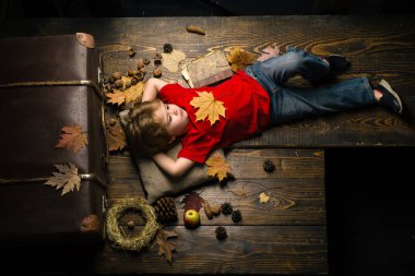 Sarışın, küçük bir çocuk, sonbahar yapraklarında, midesinde yaprak, ahşap zeminde yatıyor. Sevimli küçük çocuk sonbahar için hazırlanıyor. Çocuk Yaprak ile eğleniyor..