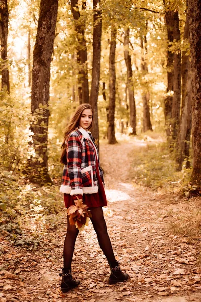 Árbol de otoño deja el fondo del cielo. Árboles amarillos y hojas. Disfrutando del buen tiempo. Otoño retrato al aire libre de hermosa chica feliz caminando en el parque o el bosque en bufanda de punto cálido. Obra de arte de romántico —  Fotos de Stock