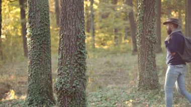 Sonbahar ruh hali olan sonbahar adamı. Parkta yürüyüş. Yaşam tarzı kavramı. Aktif insanlar. Sonbahar ve yaprak sonbahar Dreams. Macera konsepti. Kaygısız. Sakallı adam tırmanıyor ve ormanda eğleniyor.