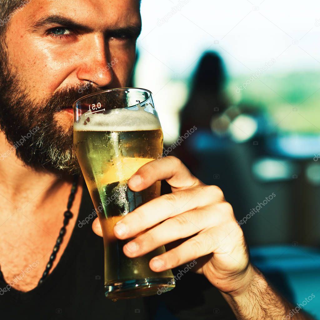 Man with beer. Retro man with a beer. Beer pubs and bars. Pub is relaxing place to have drink and relax.