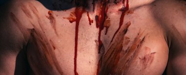 3halloween veya korku kavramı - ölü zombi yürüyen çığlık. 1 Ekim. Kafatası genç adamın portresini yapar. Makyaj ve insan için korkutucu bir kavram. Kutlama partisi. Seksi adam. Fitness