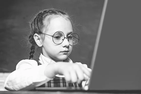 Terug naar school en thuisonderwijs. Kleine leerling met laptop. Portrair sluit af. Kind in de buurt van schoolbord in de klas. — Stockfoto