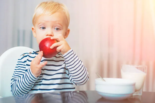 Un niño comiendo bocadillos. Nutrición saludable. Concepto vitamínico. El niño come manzana. Niño lindo niño sentarse a la mesa con plato y comida. Comida saludable. Niño lindo bebé comiendo desayuno — Foto de Stock