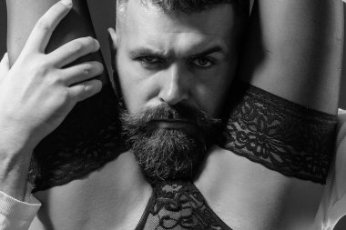 Hair Stylist and Barber concept. Preliminary caresses and oral sex. Cunnilingus and pleasure. Newlyweds and couple before sex.