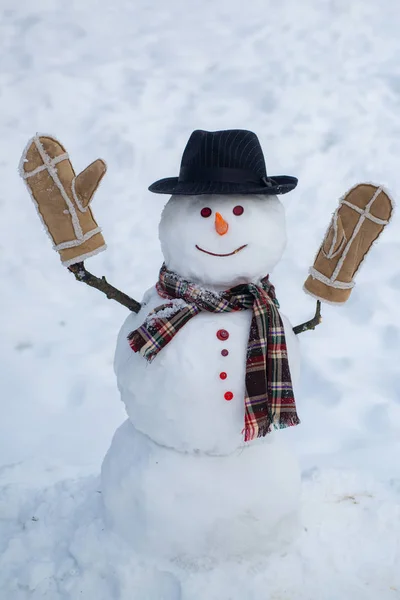 Boldog, mosolygós hó az ember a napsütéses téli napon. Hóembert. Boldog téli idő. Hóember és hó nap. Hóember úr a téli kalapban. Aranyos hóemberek állva Télen karácsonyi táj. — Stock Fotó