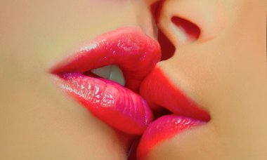 Two lesbian friends kissing. Sensual lips kisses. Passion and sensual touch. clipart