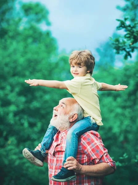 O avô a falar com o neto. Menino e avô levantando as mãos sobre o céu do pôr do sol desfrutando da vida e da natureza. Papai e menino sorrindo e abraçando . — Fotografia de Stock