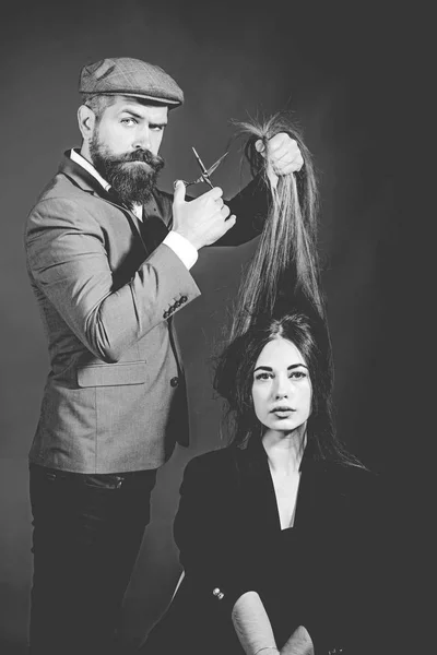 Bearded Hairdresser making hair styling and cut. Hairdressers work. Barber shop. Barbershop design. Barber scissors. — Stock Photo, Image