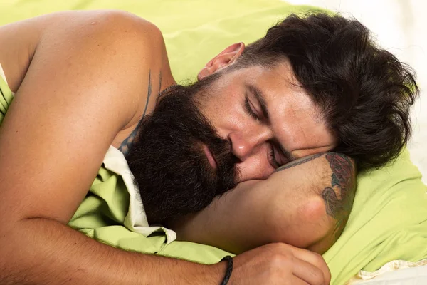 Sleep. Man sleep on bed with very deep sleep. Close-up portrait of sleeper. Bored sleepless and tired in bed. Sleep disorders concept. — Stock Photo, Image