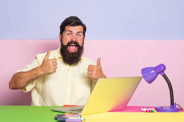 Забавное фото бизнесмена в рубашке, работающего за столом с ноутбуком. Бородач работает в офисе на цветном фоне. Смешные сотрудники — стоковое фото
