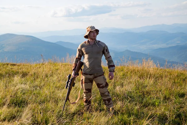 . Hunting - Men hobby. Male with a gun. Hunting Gear - Hunting Supplies and Equipment. Outdoors active lifestyle. Hunting Licenses — Stok fotoğraf