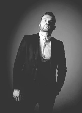 Metroseksüel. Takım elbiseli zarif adam. Rormal takım elbiseli modern bir adam. erkek modası. Klasik takım elbiseli adam. İş kendine güvenen. Yakışıklı ciddi erkek modelportresi. Hırs ve bireysellik, başarı