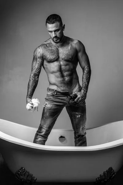 Brutal handsome man with tattooed body. Men fashion Brutal models. — Stock Photo, Image
