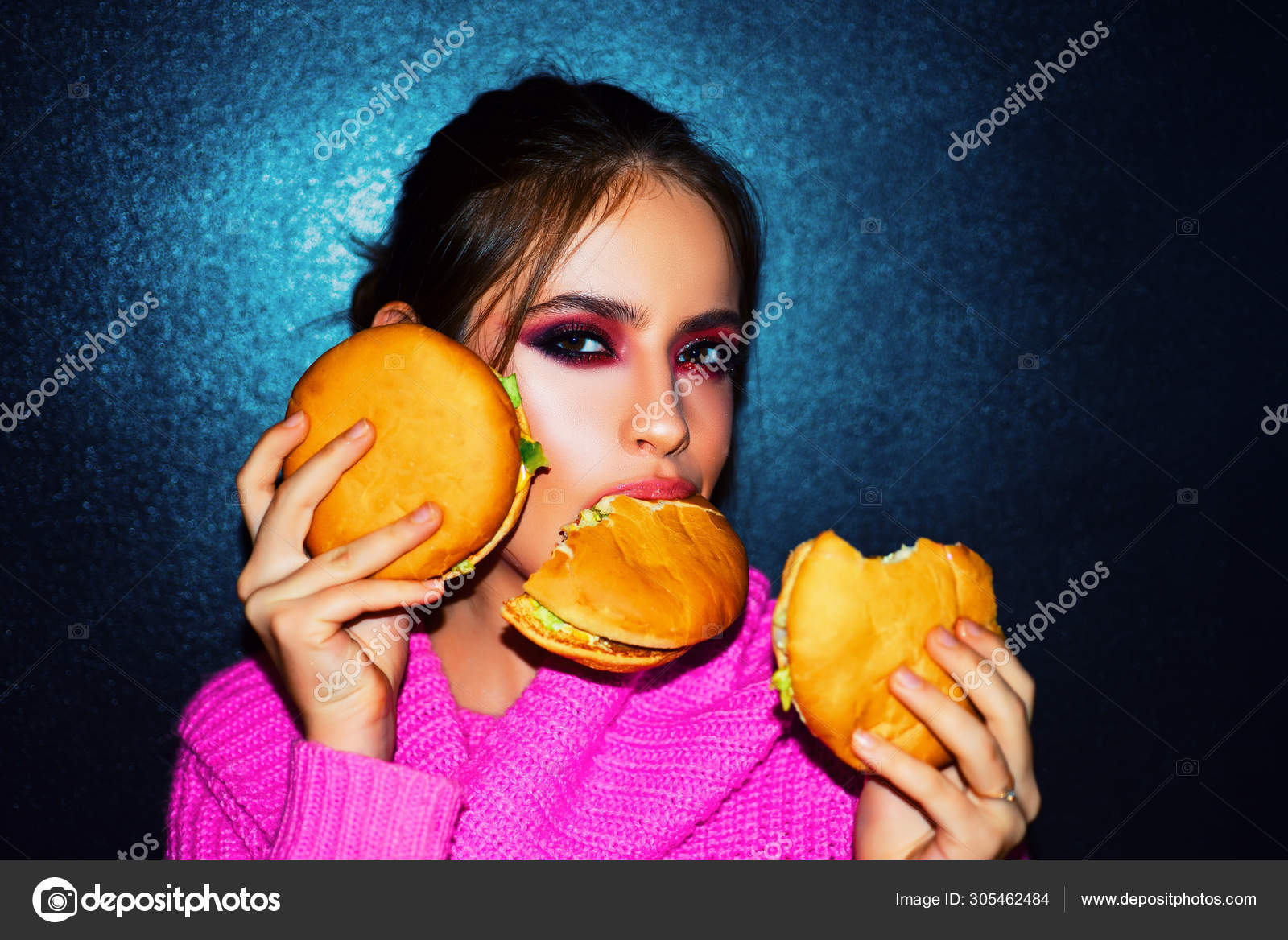 Perfect Girl Download - Fashion, beauty.Sexy woman with perfect makeup eating hamburgers. Female  beauty visage concept. Stock Photo by Â©Tverdohlib.com 305462484