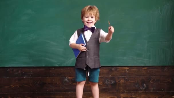 Skolbarn mot grön Chalkboard. Blackboard-bakgrund. Utbildningsprocessen. Skolans koncept. Happy Mood Boy leende brett i skolan. Den 1 september. Pojken är redo att studera. Tillbaka till skolan. — Stockvideo