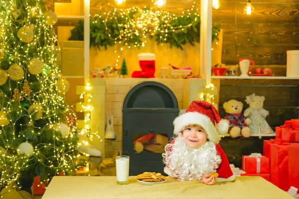 Santa - funny child picking cookie. Santa boy child eating cookies and drinking milk. Santa Claus holding Christmas cookies and milk against Christmas tree background. — Stock Photo, Image