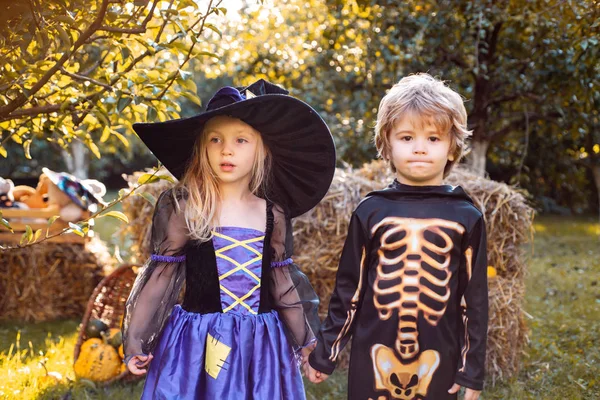 ハッピーハロウィーン、かわいい幼児の女の子と屋外で遊ぶ男の子。幸せなかわいい子供のハロウィーンの肖像画。ハロウィーンパーティーでハロウィーンの衣装で友人の子供の面白いグループ. — ストック写真