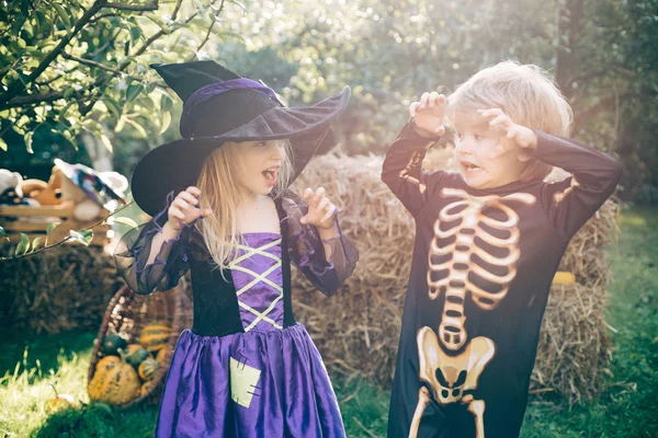 Trick-or-treat çocuk kavramı. Amerika'daki çocuklar Cadılar Bayramı'nı kutlarlar. Cadılar Bayramı kutlamalarında eğlenen Cadılar Bayramı kostümleri giyen sevimli çocuklar — Stok fotoğraf