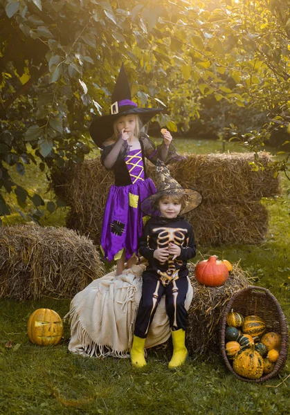 ハロウィーンパーティーで幸せな子供たち。ハロウィーンの子供たちの休日の概念。ハロウィーンパーティーのためのスケルトンと魔女のような服を着たカボチャを持つ子供の妹と兄弟。田舎のハロウィーン. — ストック写真