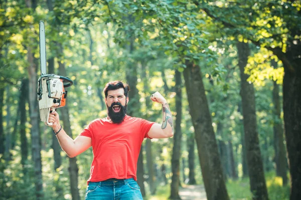 Odun işçileri oduncu. Orman arka plan üzerinde testere ile Lumberjack. Tarım ve ormancılık teması.