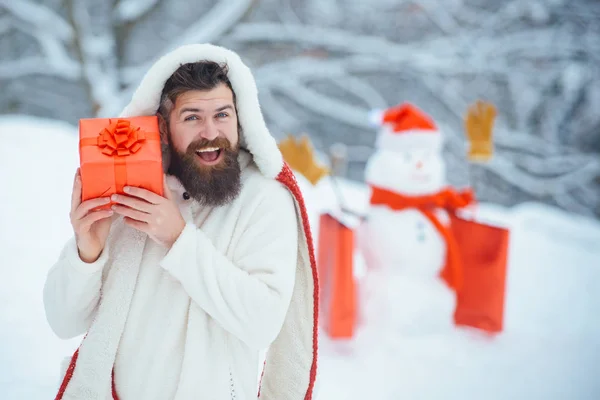 Shopping de Noël avec sac à provisions. Hipster Père Noël. Le Père Noël souhaite joyeux Noël. Bannière de Noël. Noël et Nouvel An vacances . — Photo
