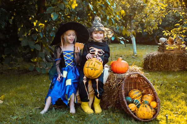 Skład dyni i Halloween dekoracje dla dzieci w ogrodzie. Happy Halloween z świece słodycze. Halloween na wsi. — Zdjęcie stockowe